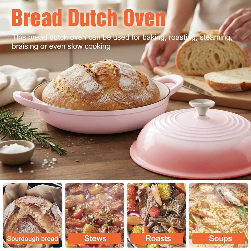 6QT Enameled Cast Iron Round Bread Oven, Sourdough Dutch Oven, Pink