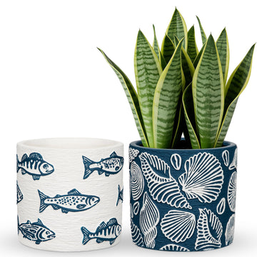 Ceramic Plant Pots, 5.5 Inch Planter Pot with Drainage Hole, Shell Fish Patterns Ceramic Planters Flower Pot for