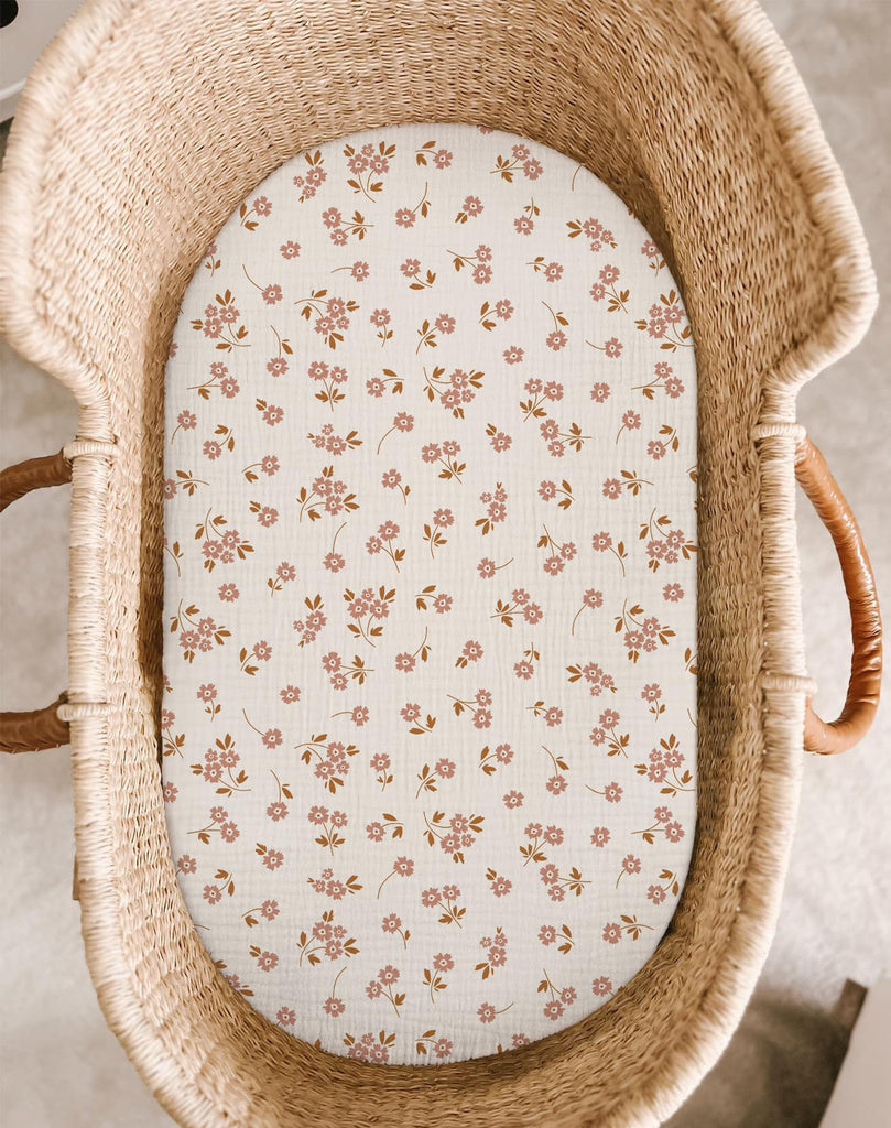 Muslin Bassinet Sheets 2 Pack, 33" x 17", (Floral & Pink)