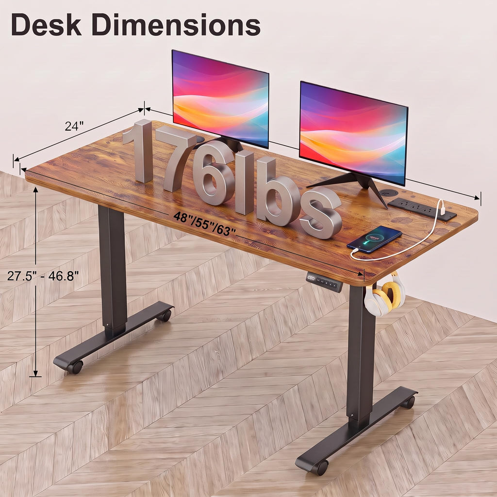 Electric Adjustable Height Standing Desk, 55×24 Inches Sit Stand Desk with Power Socket, 2 USB Ports, 3 Power