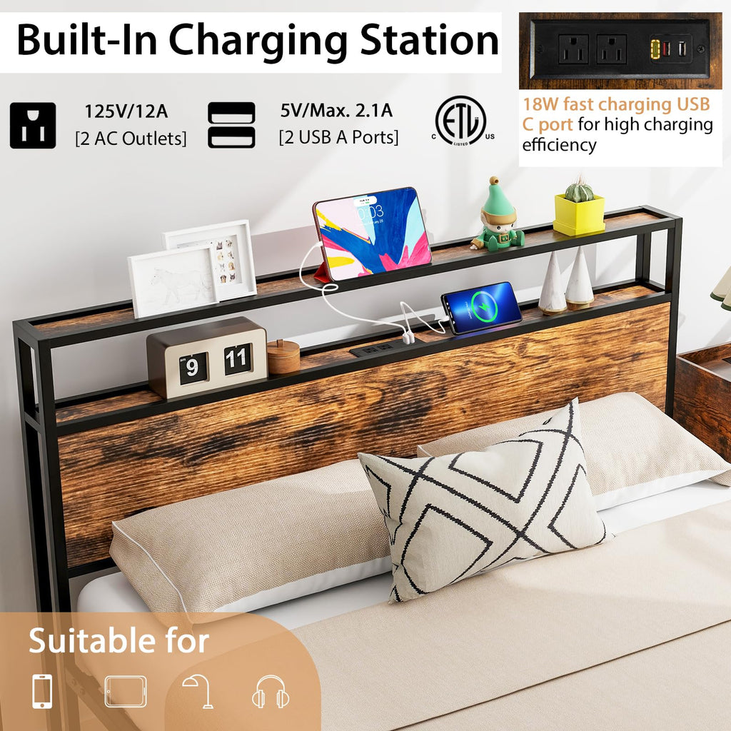 Bed Frame with 2-Tier Storage Headboard, Industrial Metal Platform Bed with Charging Station, Heavy Duty Metal