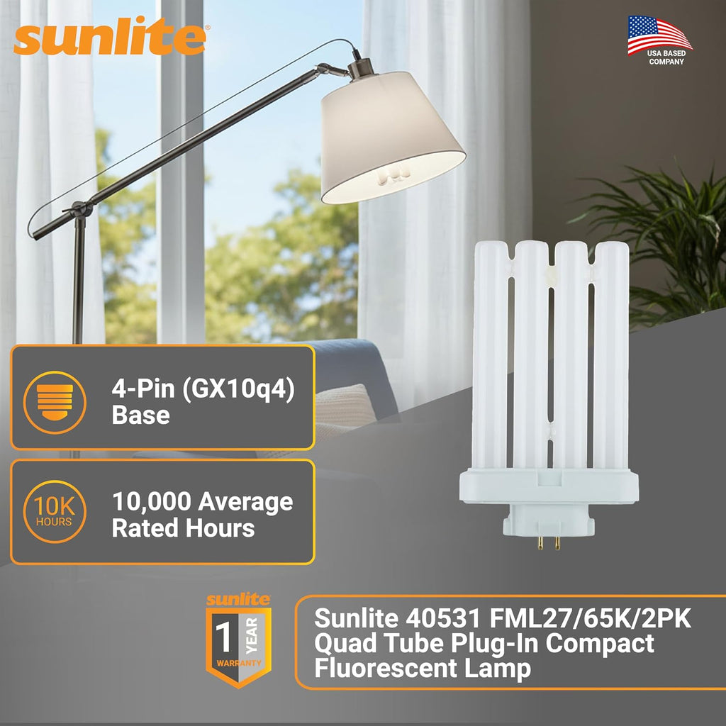 Quad Tube Plug-in Compact Fluorescent Lamp, FML 4-Pin, 27 Watts, 1500 Lumens, 6500K Daylight, 4-Pin