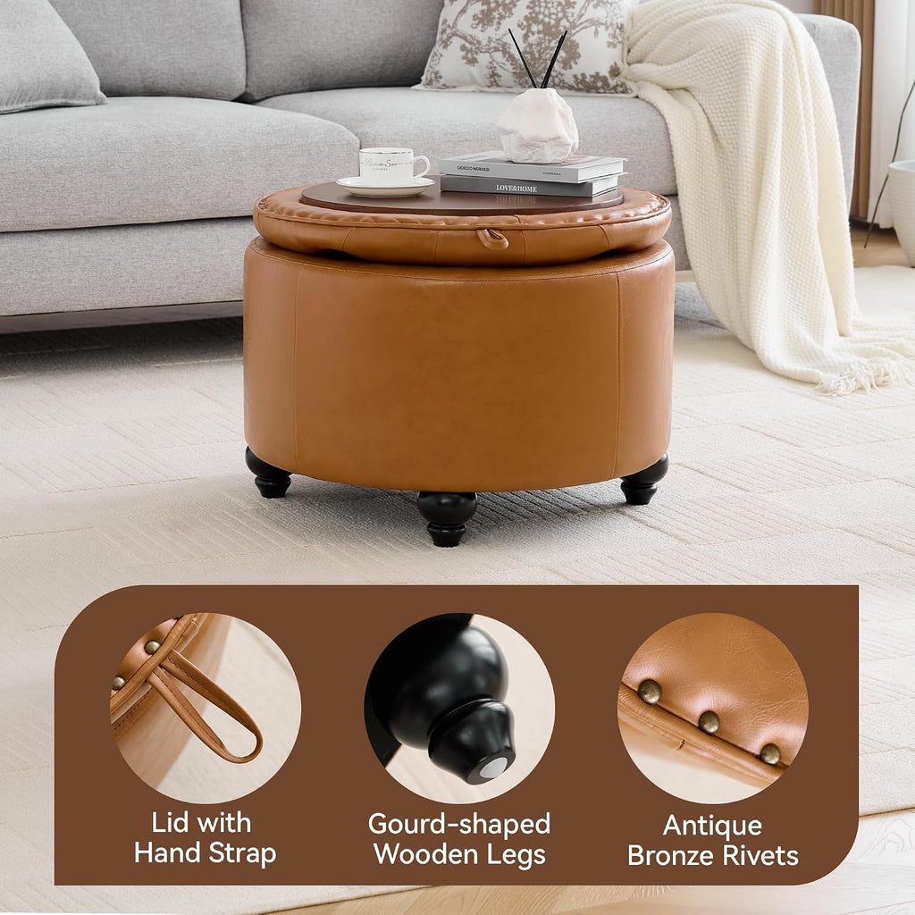 24Inch Round Storage Ottoman with Tray, Modern Tufted Leather Circle Coffee Table with Storage, Upholstered Ottoman