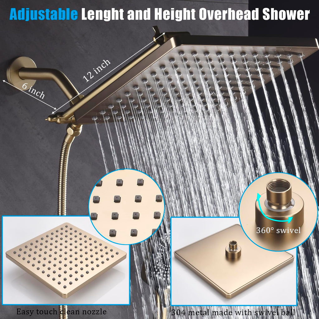 Shower Faucet Set with Tub Spout Brushed Gold 10 Inch Rainfall Shower 4 Setting Spray Mixer Shower System Modern