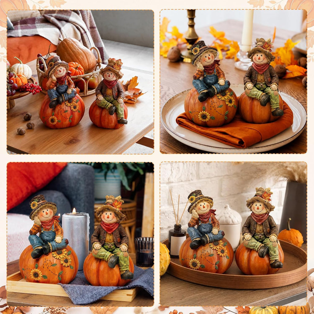 Fall Scarecrows Figurines Wooden Thanksgiving Table Decor - Set of 2