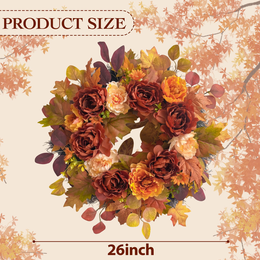 26Inch Full Fall Wreaths for Front Door Outside, Peony Hydrangea Wreath, Large Autumn Wreath Porch, Fall Wreath for