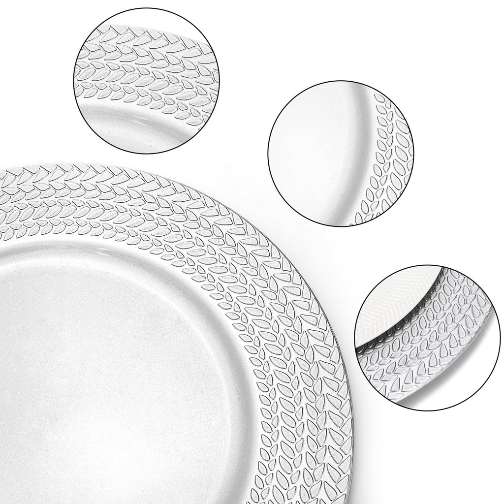 12 Pack Silver Charger Plates, 13 Inch Plastic Dinner Plate, Leaf Trim Antique Charger Plate for Weddings, Parties