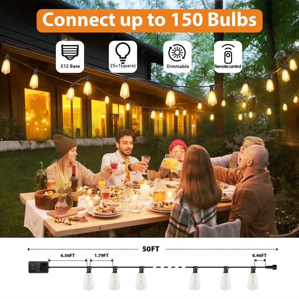 Dimmable Outdoor String Lights with Remote, 3 Colors in 1 LED Patio Light for Outside with 25+1 ST38 Edison Bulbs