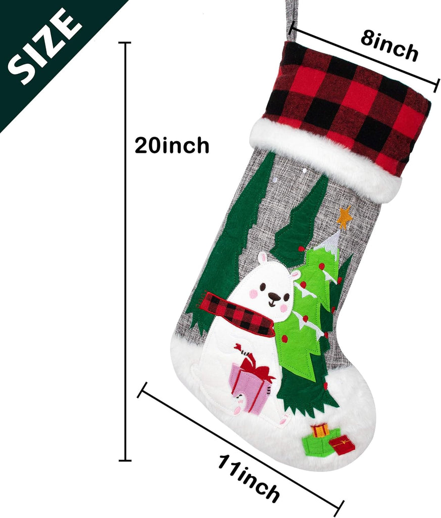 Christmas Stockings Gray Burlap Buffalo Red Plaid Soft Faux Fur 20 Inches Lovely Embroidery Pattern - Set of 6