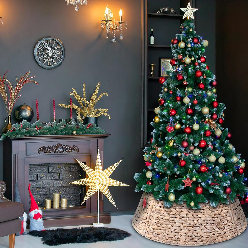 Christmas Tree Collar Woven Wicker Farmhouse Rustic Tree Skirt Basket Ring for Christmas Decorations(White,24 Inches)
