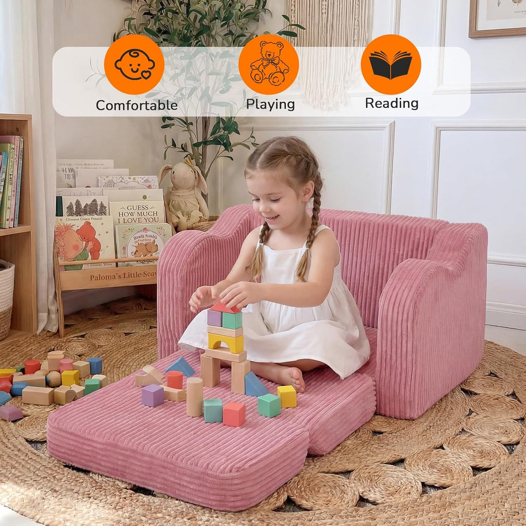 Kids Couch, Pink Corduroy in-1 Fold Out Sofa Chair for Girls