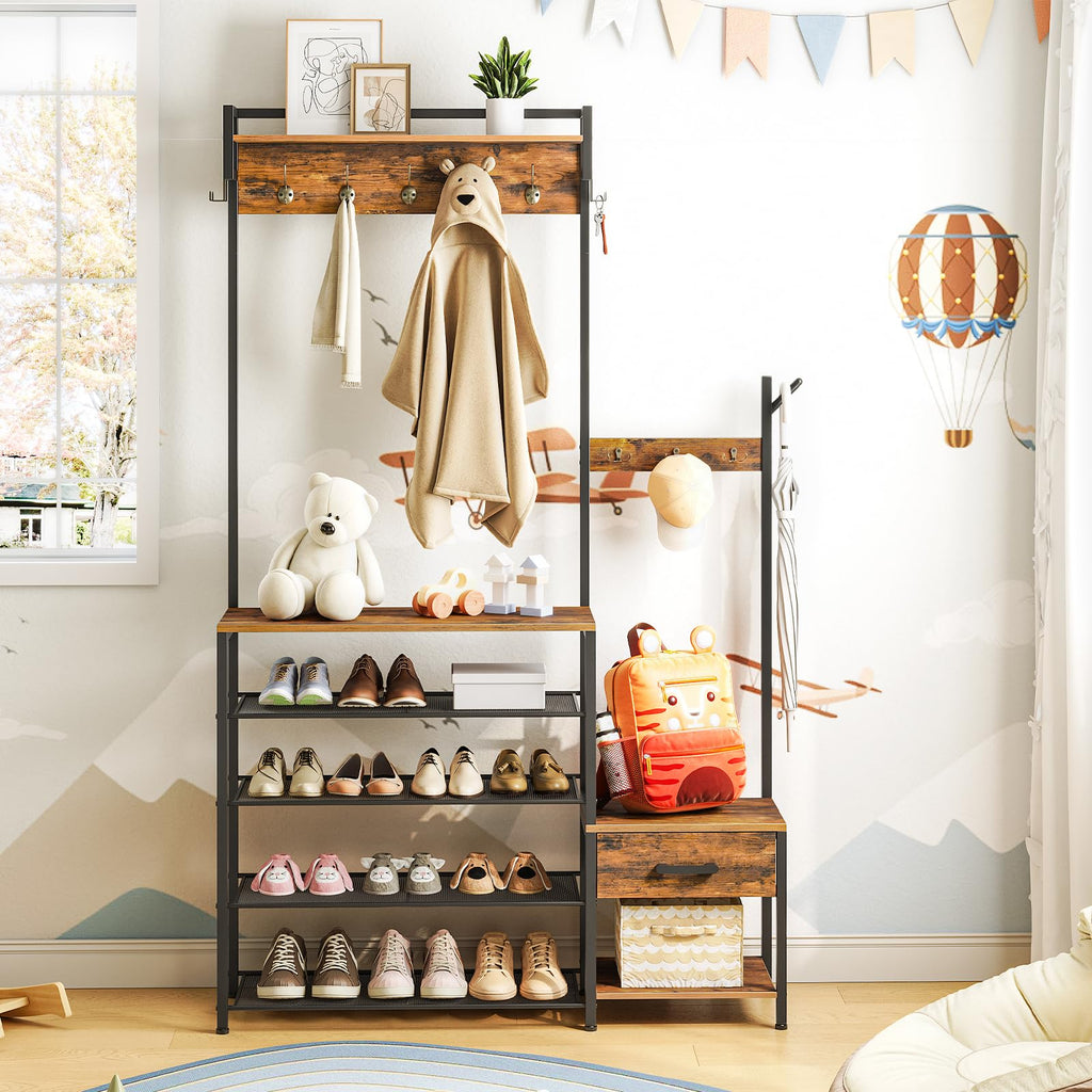 Hall Tree, Entryway Coat Rack Shoe Bench, Shoe and Coat Rack, Hall Tree Coat Rack, with Non-Woven Fabric Drawer, for