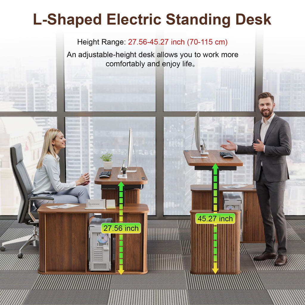 47" L Shaped Electric Wood Standing Desk with Storage