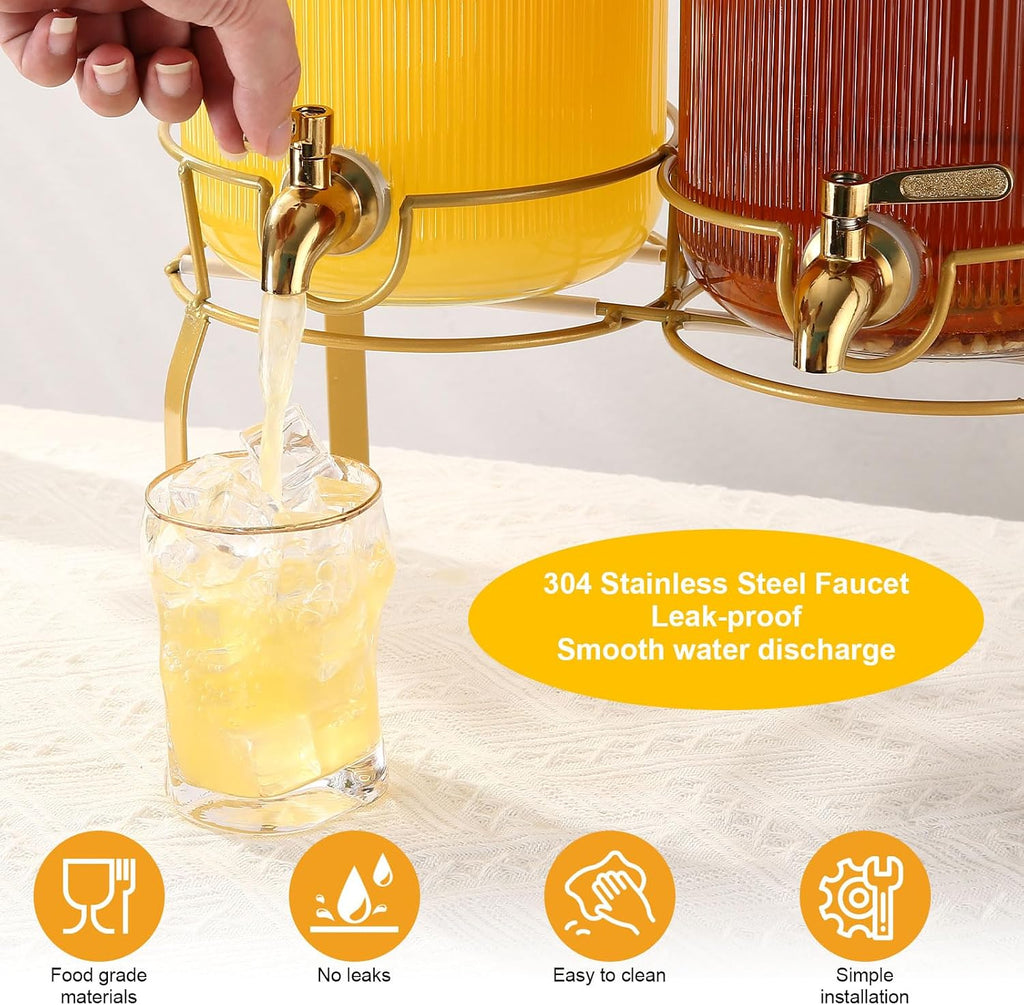 Gallon Glass Drink Dispenser with Stand, 2pack Drink Dispensers For Parties, Beverage Dispenser With Bamboo Lid - Set of 2