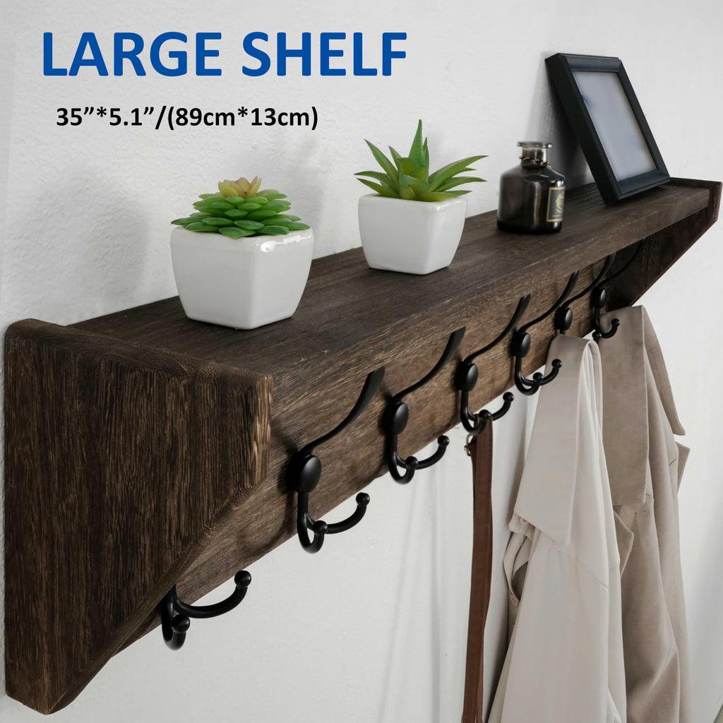 Coat Rack Wall Mount with Shelf, 35" Long Wall Shelf with Hooks Underneath, 7 Triple Hooks, Weathered Brown