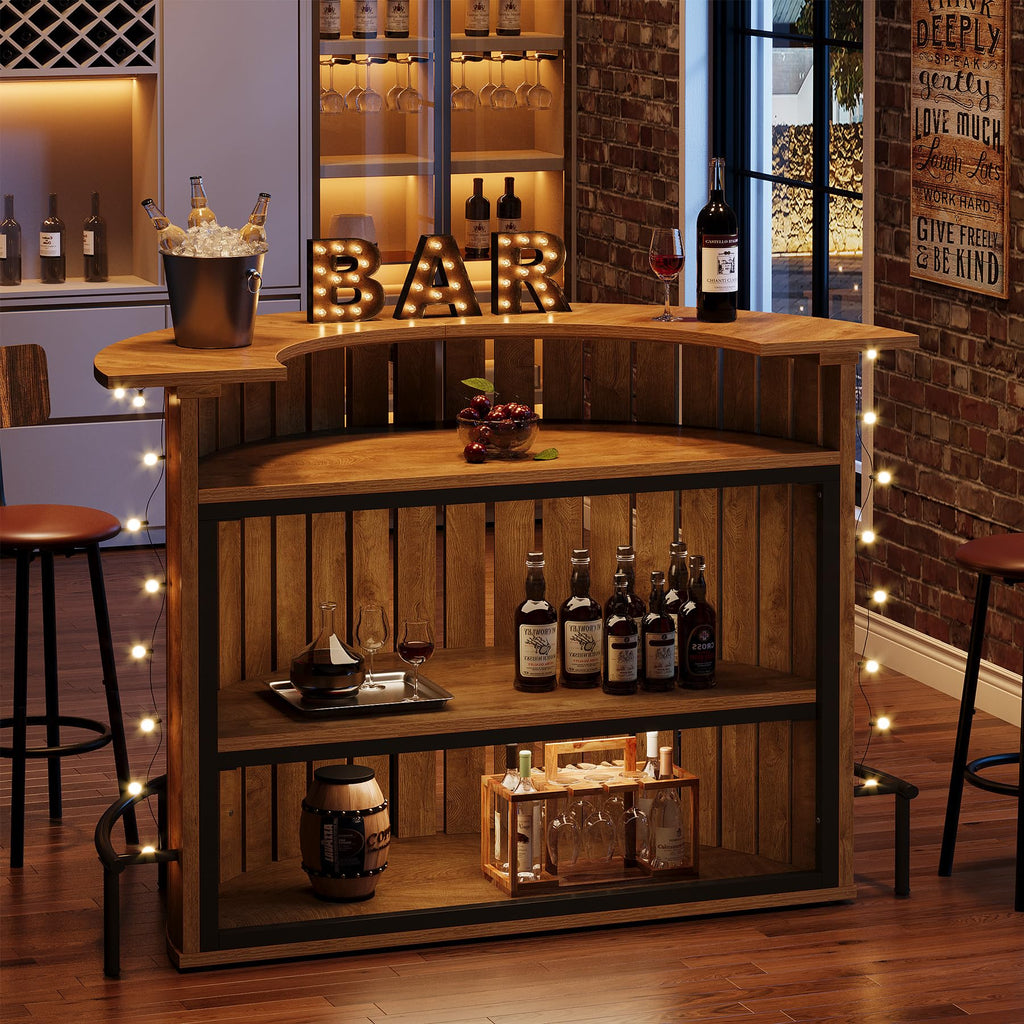 4-Tier Bar Table, 47.24" Mini Home Bar Table with Footrest, Arc-Shaped Modern Bar Cabinet, Light Brown