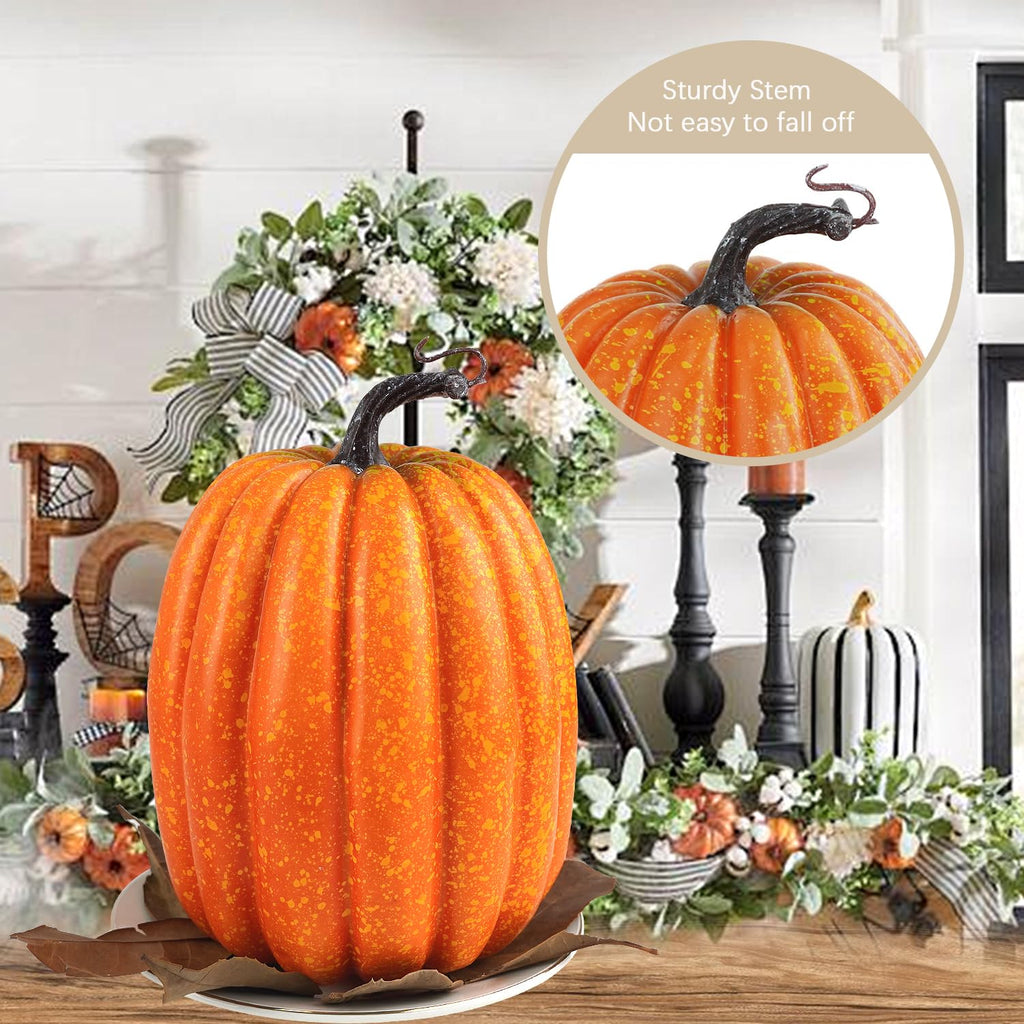8 Inch Large Artificial Pumpkins, 2PCS Big Orange Drawing Line Faux Foam Harvest Pumpkins for Fall Thanksgiving
