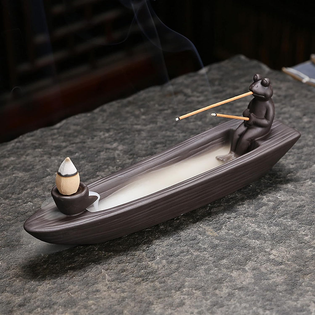Frog Incense Holder Waterfall - Ceramic Cone Backflow Incense Burner Smoke Fountain, Back Flowing Incense Diffuser - Set of 54