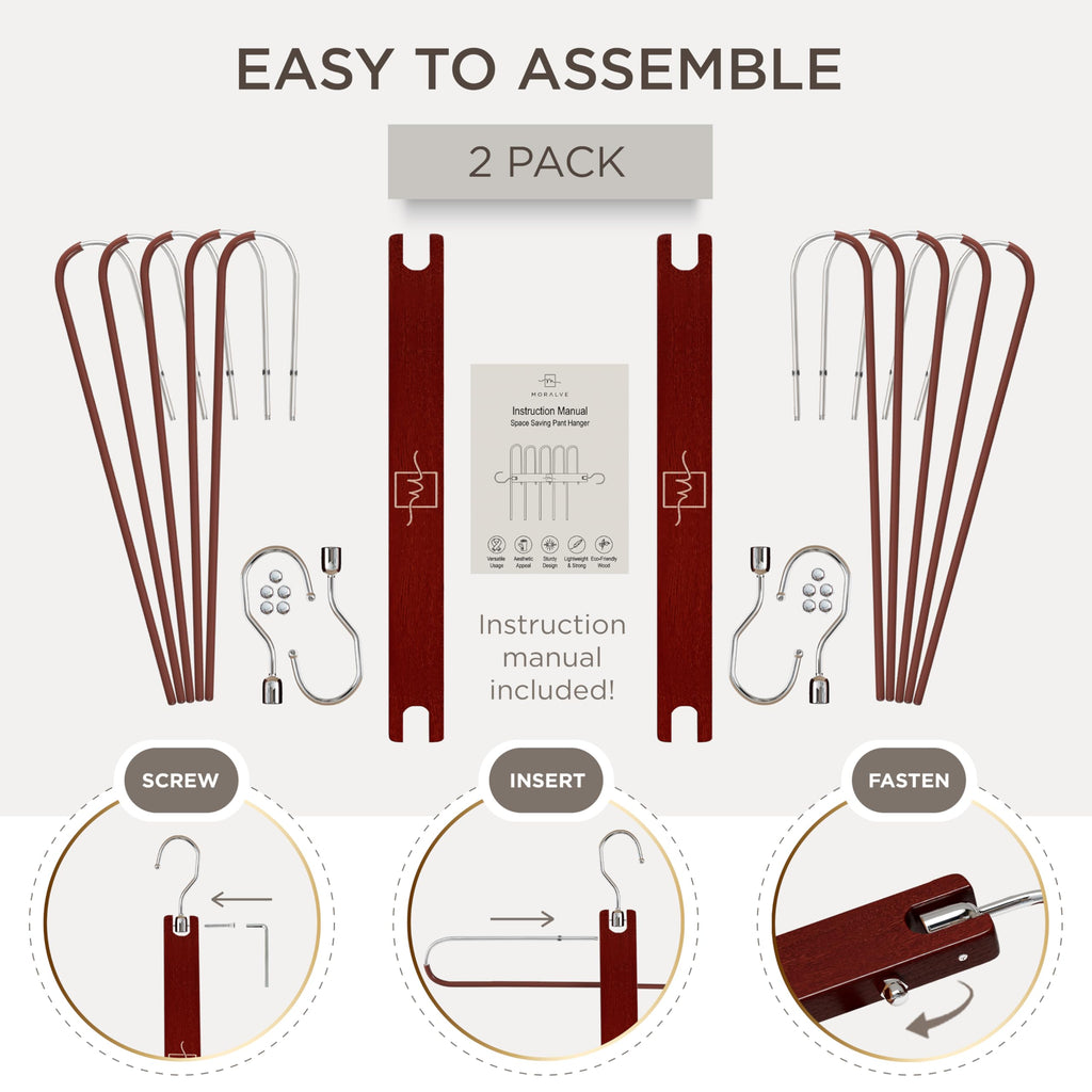 Pants Hangers Space Saving - 2 Pack European Beechwood Scarf and Jean Hangers - Closet Organizer and Space Saver Pant