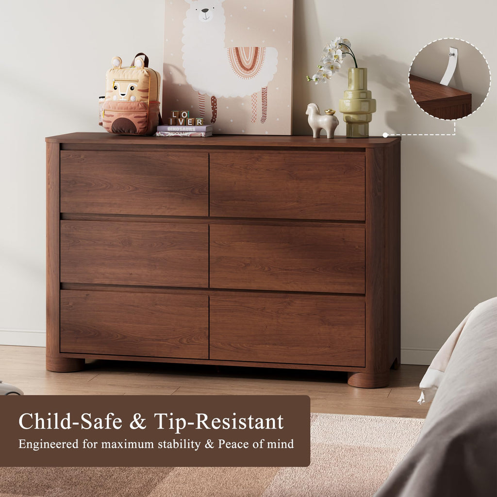 Walnut 6 Drawer Dresser, 47" Wide Chest of Drawers