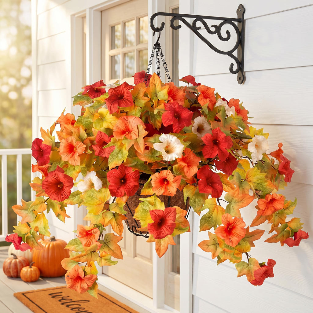 SaijinGlow Fall Hanging Basket UV Resistant Artificial Petunias Orange