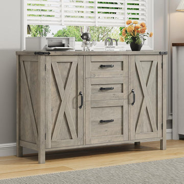 Farmhouse Lateral File Cabinet with 3 Drawers and Doors, Rustic Grey | Lateral Filing Cabinet Fits Letter or A4 Size