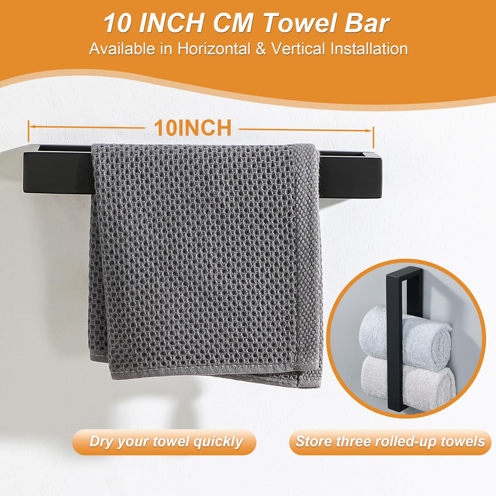 6-Piece Bathroom Hardware Set Black, Includes 10 Inch Towel Bar