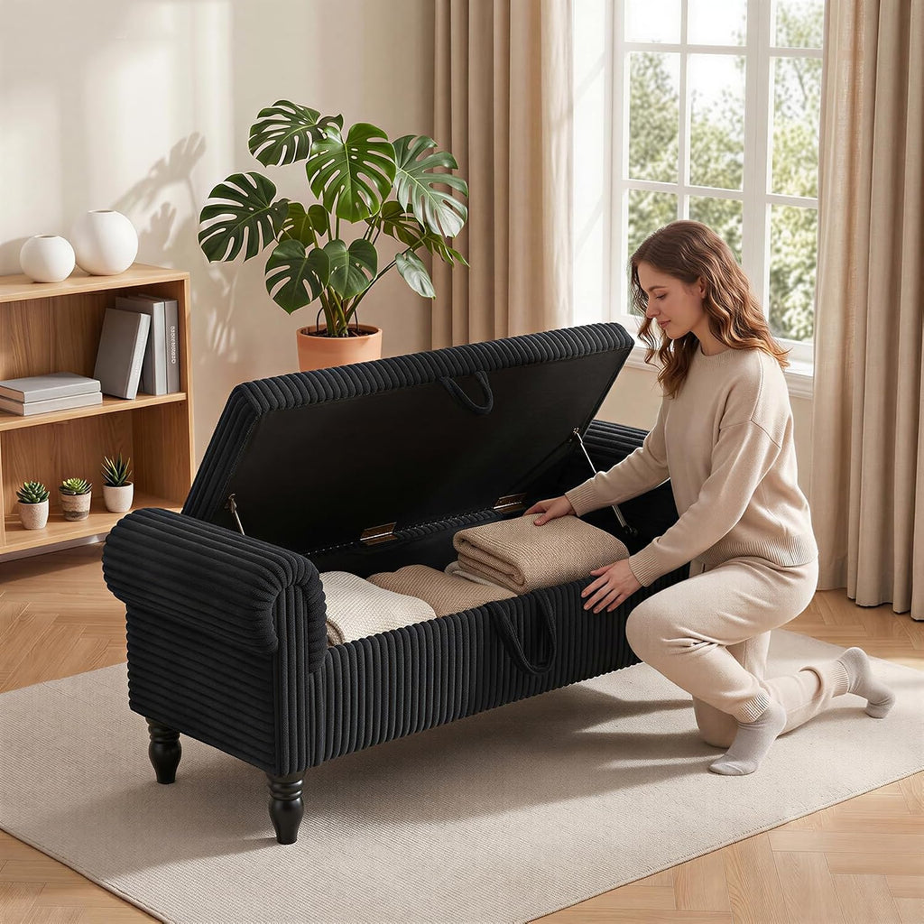 55" Storage Ottoman Bench, Corduroy End of Bed Bench , Black | Upholstered Entryway Bench with Seating, Solid Wood