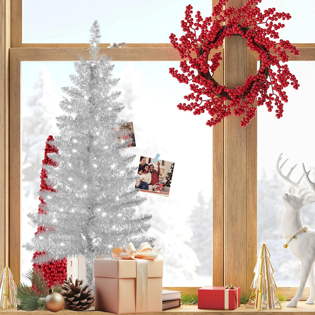4ft Artificial Full Silver Christmas Tree with Separate Lights, Not Pre-lit Mini Silver Tinsel Pine Christmas Tree