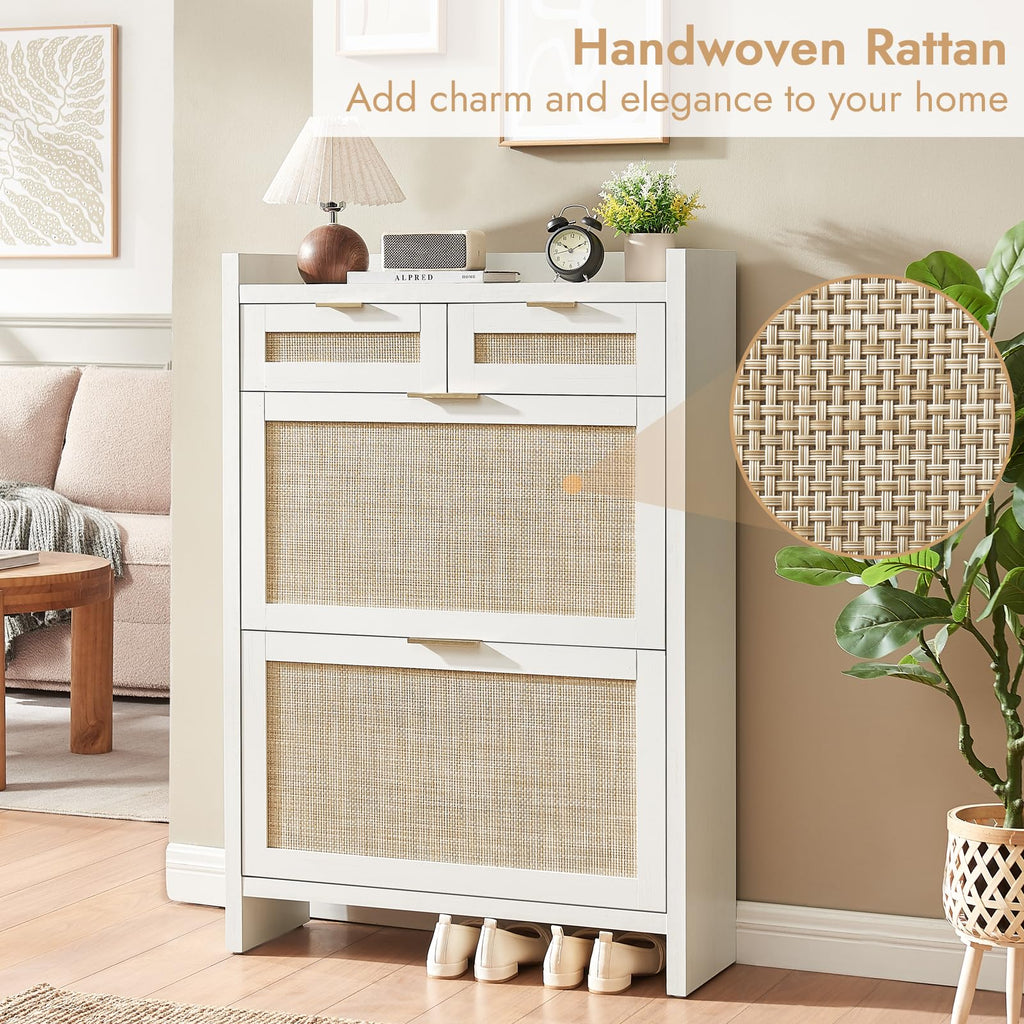 Rattan Shoe Storage Cabinet with 2 Drawers & 2 Flip Drawers