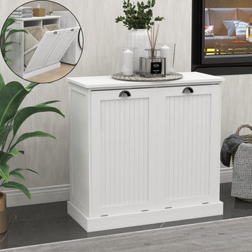 Tilt Out Laundry Hamper Cabinet with Removable Basket, Double Hidden Laundry Hamper, Wood Bathroom Storage, Free