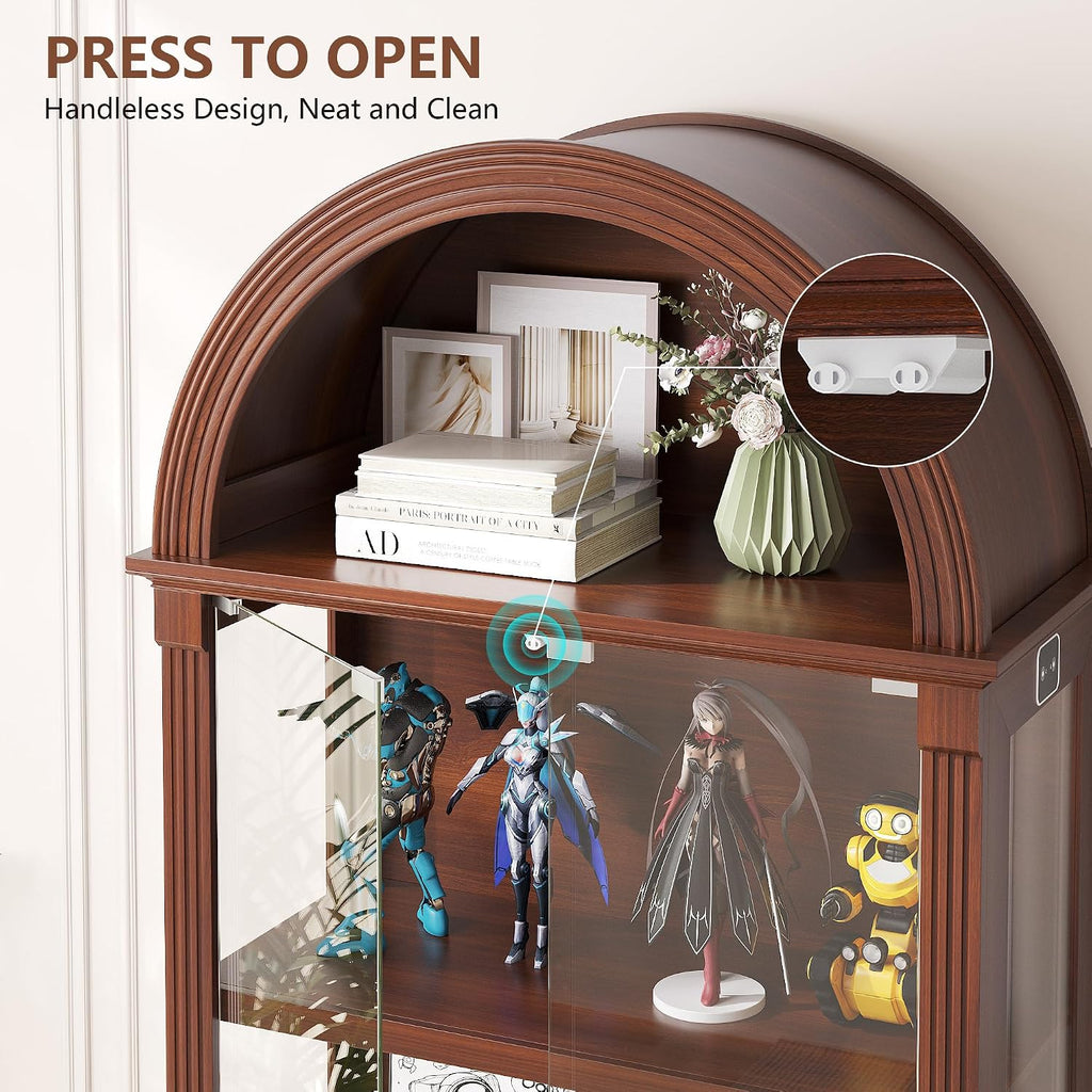 Curio Cabinet with Glass Doors & LED Lights | 72" Tall, Arched Display Cabinet, Human Sensor Lights, 4-Tier Large