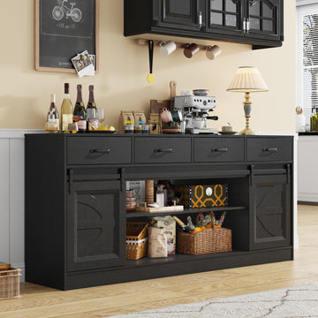 70" Large Buffet Sideboard Cabinet w/4 Drawer, Farmhouse Coffee Bar Cabinet Buffet with Storage, Sliding Door, Long