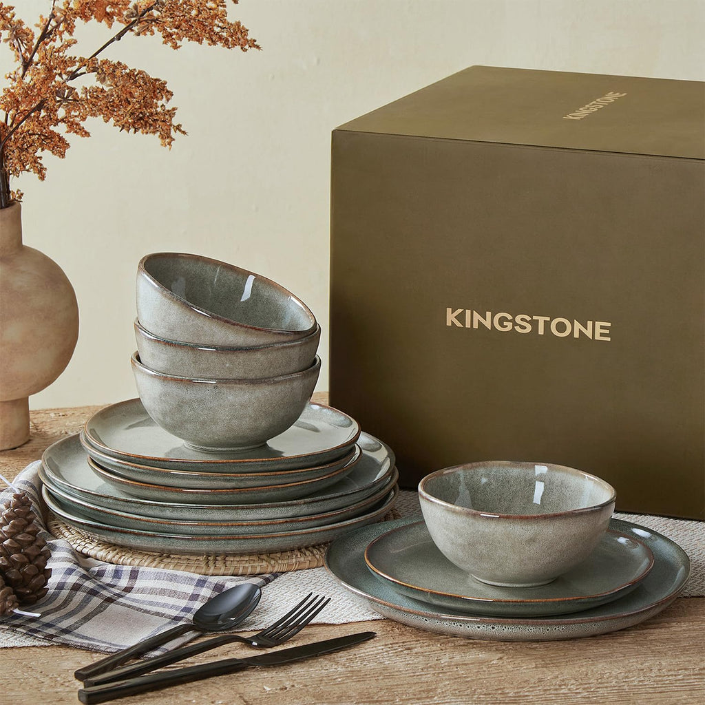 Stoneware Dinnerware Sets for 6, Reactive Glaze Plates and Bowls, Grey
