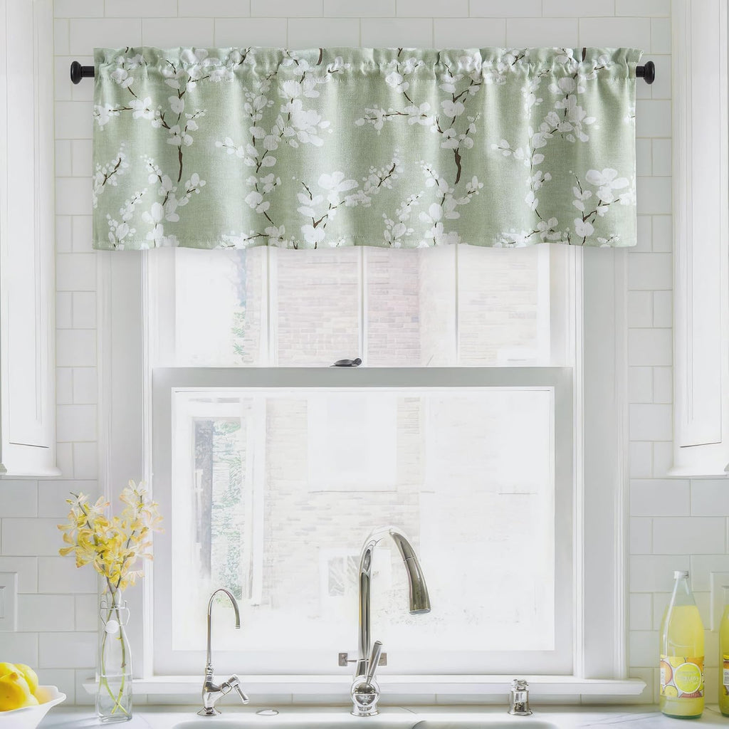 Green Kitchen Valance Curtain for Windows Bathroom Living Room Bedroom, Blossom Blackout Window Valance Thermal