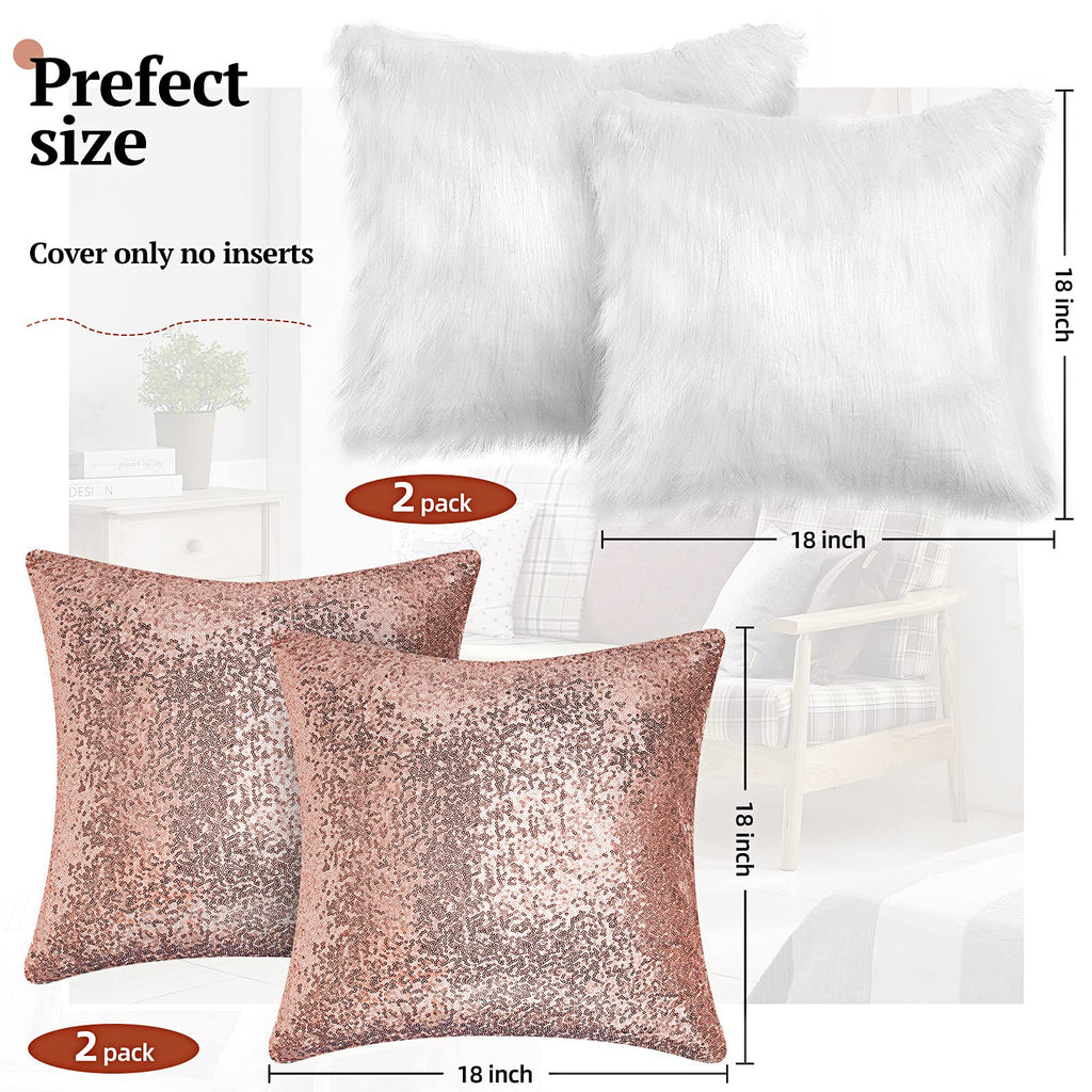 4 Pcs Sequin Fluffy Pillow, Rose Gold, White, 18 x 18 Inch