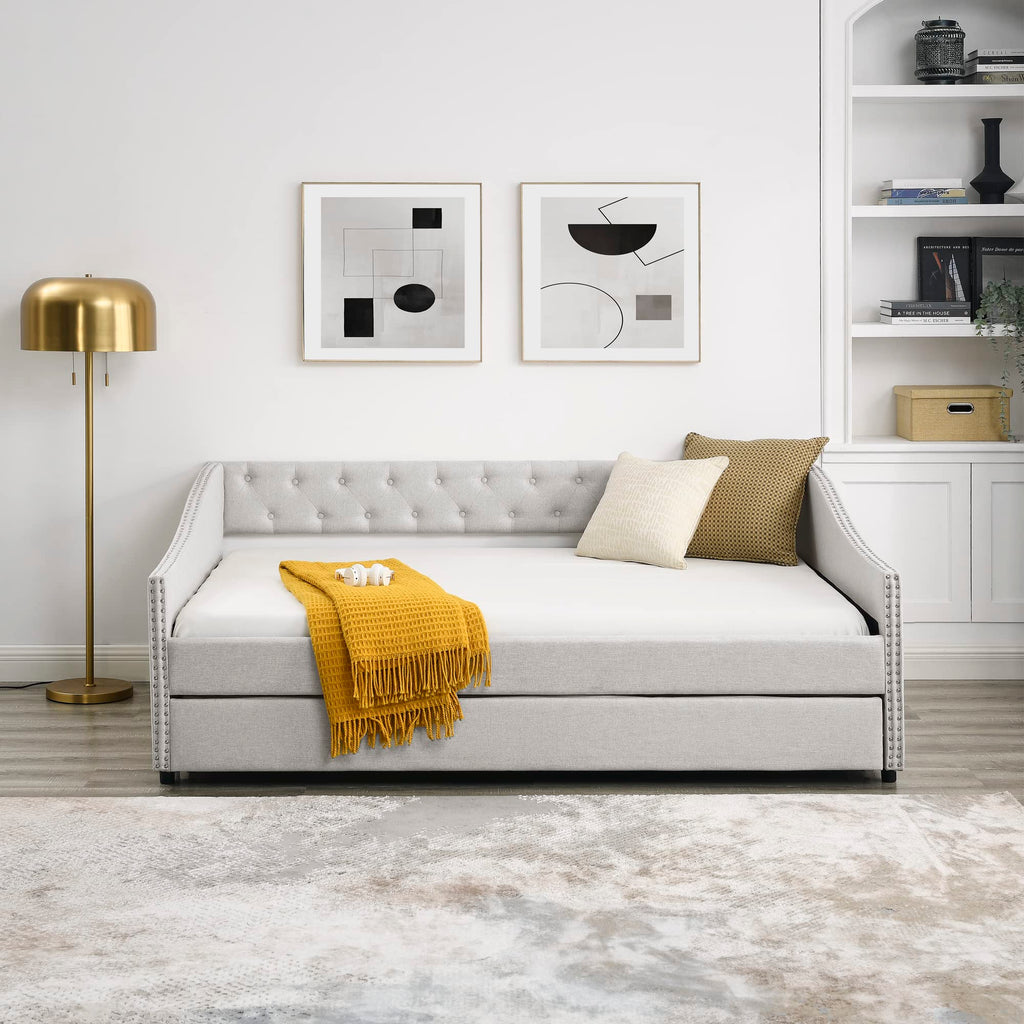 Full Size Daybed with Twin Size Trundle, Upholstered Tufted Sofa Bed, with Button on Back and Copper Nail on Waved