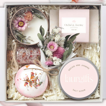 Birthday Gifts for Women - Orchid & Jasmine Spa Gift Basket, Luxury Candle Set & Bath Sets Care Box, Gift for Mom - Set of 6