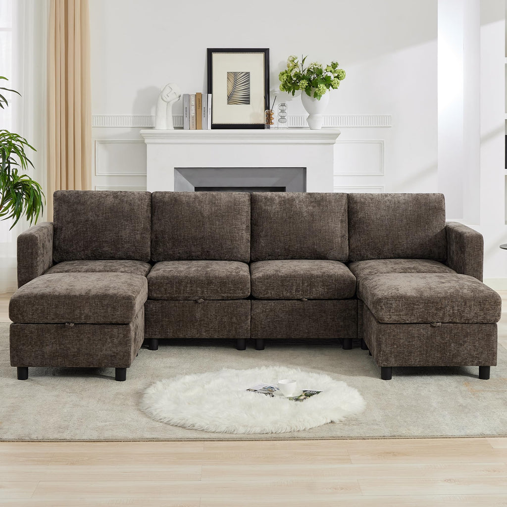 Modular Sectional Couch with Storage, 25'' Storage Sofa Ottoman, Brown