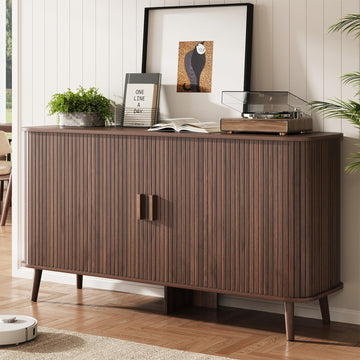 55" Fluted Sideboard Buffet Cabinet with Sliding Door, Mid-Century Modern Wood Sideboard, Adjustable Shelf, Coffee