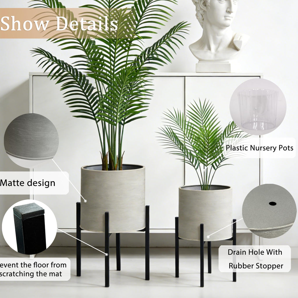 Modern Plant Pots, Set of 2 Large Planters with Stand, Decorative Planters, Metal Pots with Drainage Holes, Garden