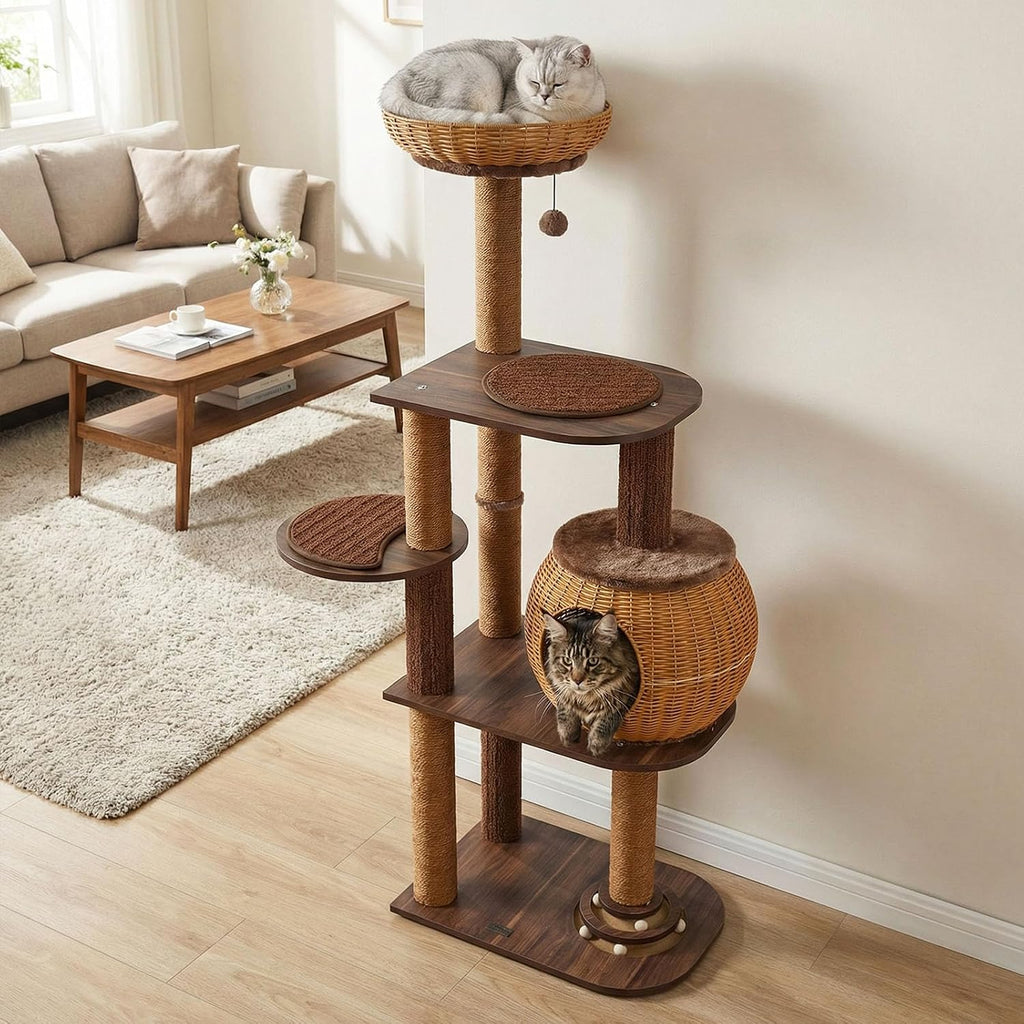 59.5-inch Tall Rattan Cat Tree, Multi-Level Modern Wooden Cat Tower
