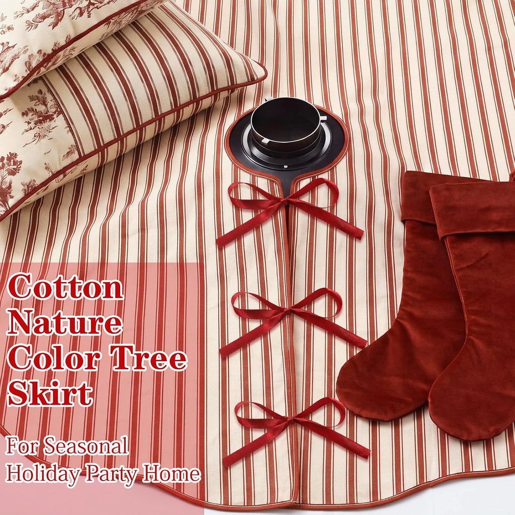 48" Dark Red Striped Christmas Tree Skirt, Primitive Xmas Tree Skirt