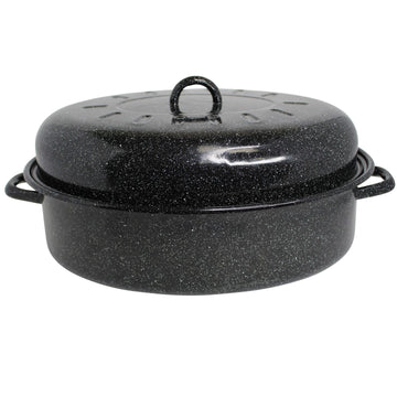 18 Inch Enamel Oval Roaster with Lid for Turkey, Black