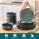 Starry 12 Pieces Dinnerware Sets for 4, Green Reactive Glaze Dishes Sets, Ceramic Plates and Bowls Set