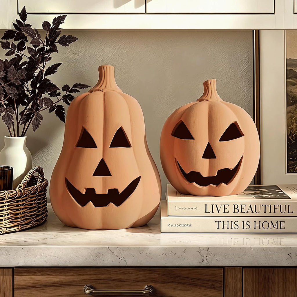Halloween Decorations Handmade Terracotta Jack O' Lanterns - Set of 2