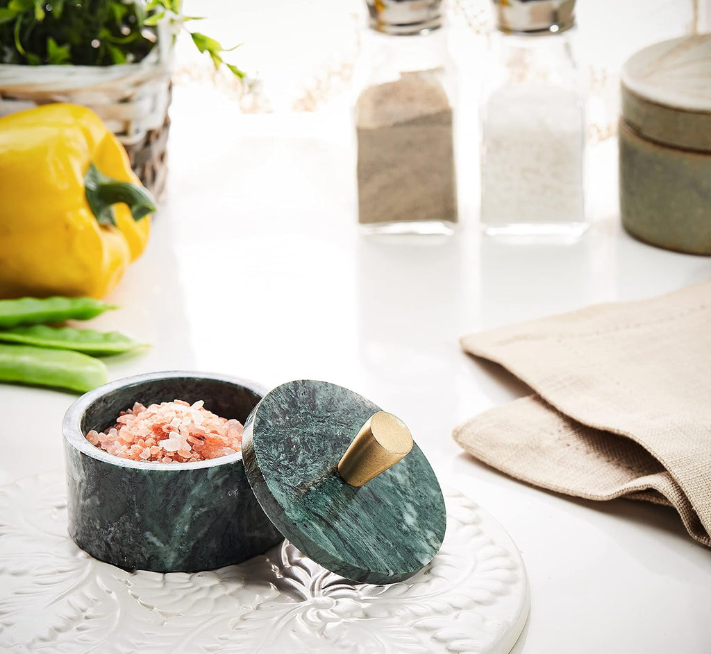 Green Marble Salt Cellar with Lid & Brass Knob - Natural Stone Spice Container Countertop, Gourmet Salt Holder