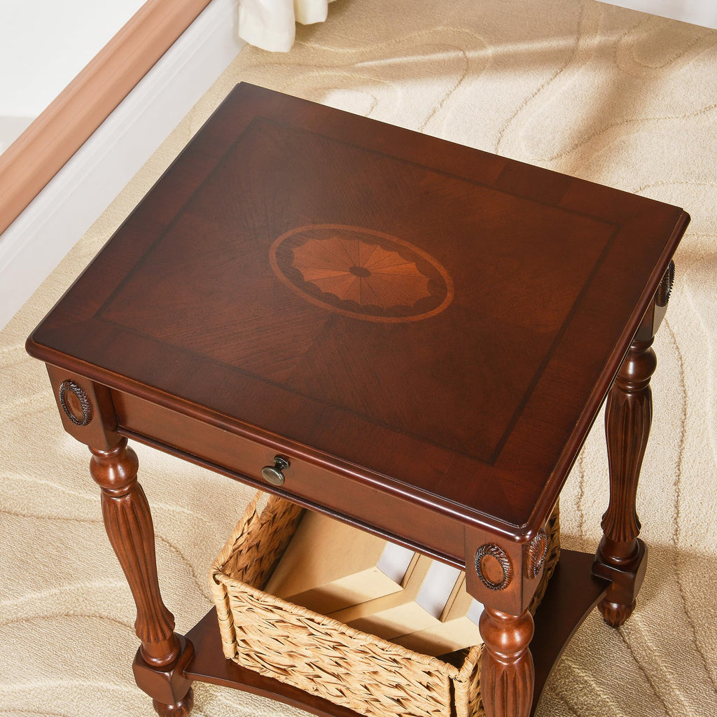 Solid Wood Side Table with Drawer, Victorian Style Vintage Nightstand, Antique Cherry Wood End Tables Living Room
