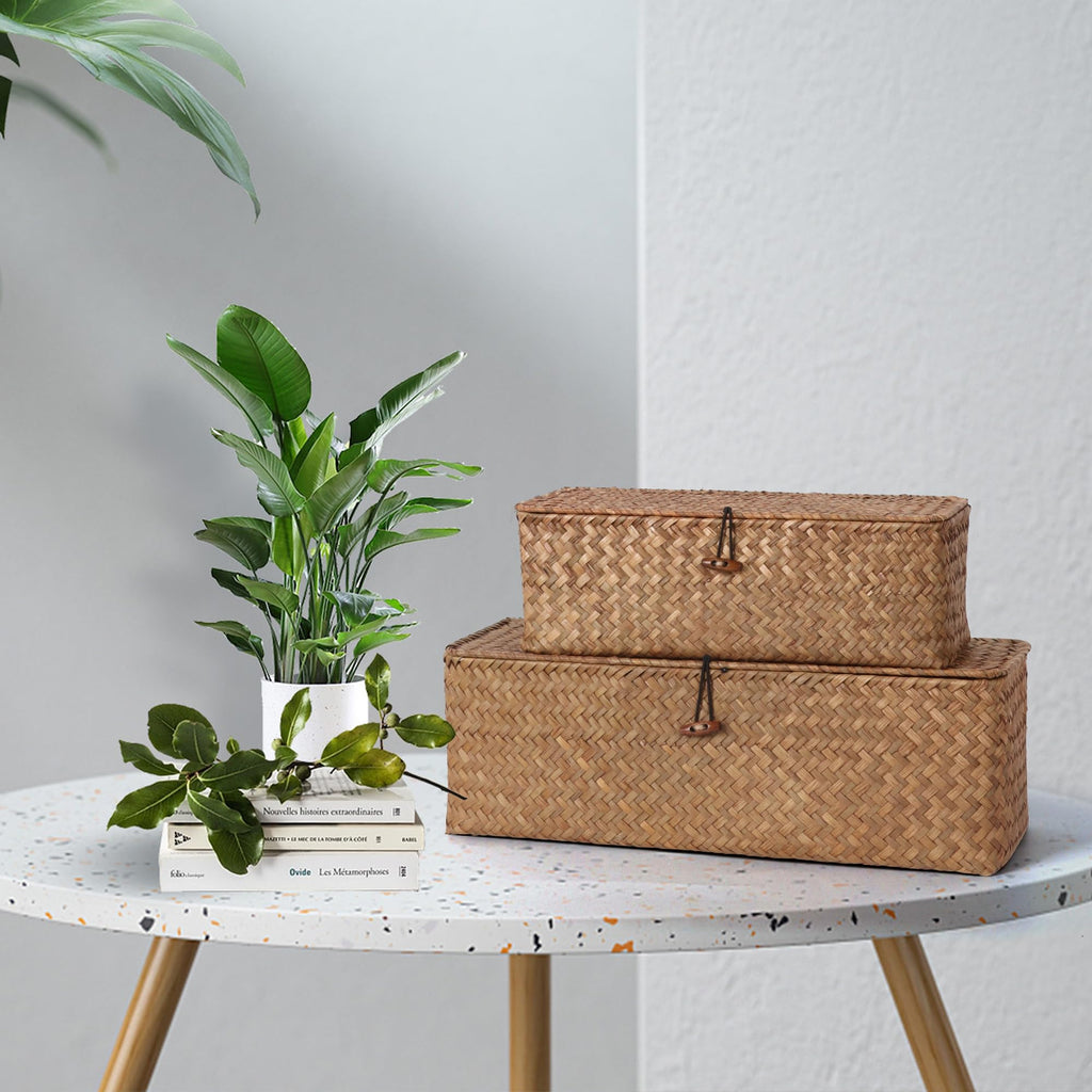 Wicker Shelf Baskets with Lid, Seagrass Storage Basket with Dividers Rectangular Woven Back of Toilet Baskets Boxes