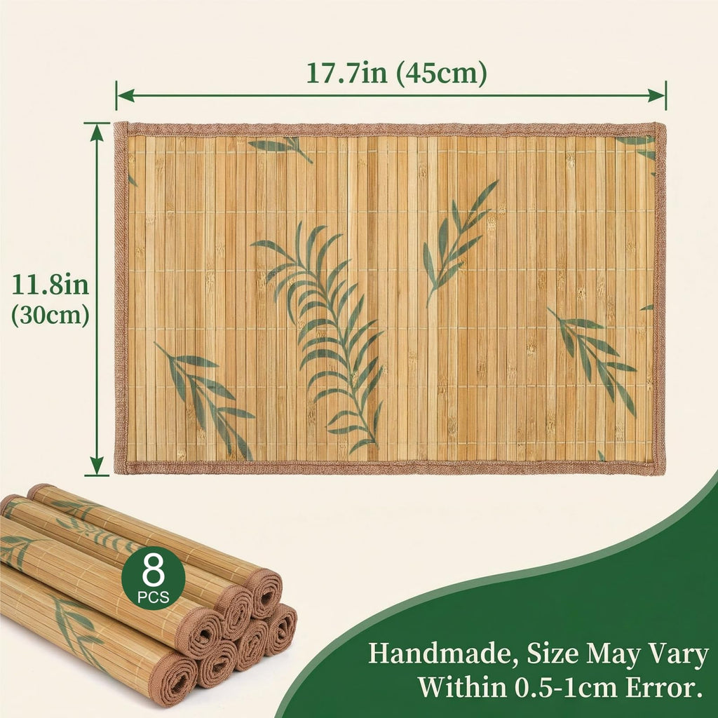8 Pack Bamboo Placemats, 18 x 12 Inch Anti-Slip Table Mats, Heat Resistant Place Mats, Japanese Style Washable
